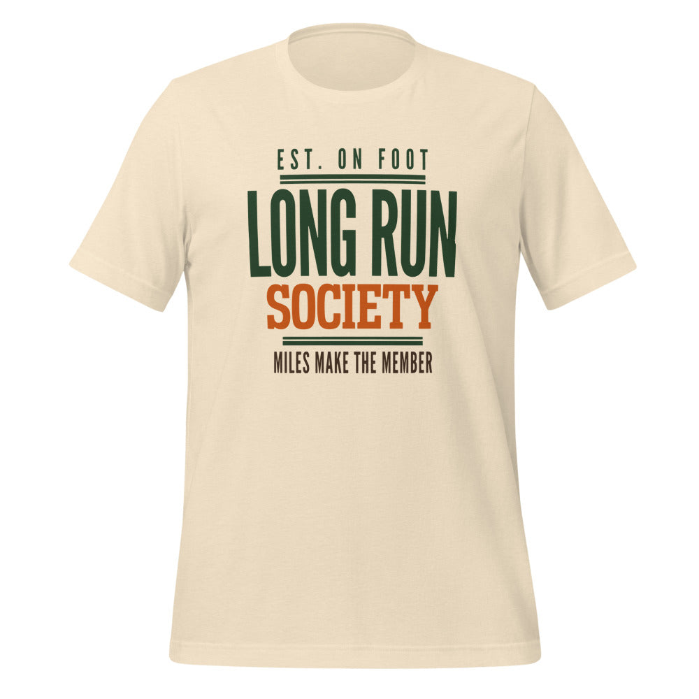 Long Run Society retro running tee — Heather Natural, front