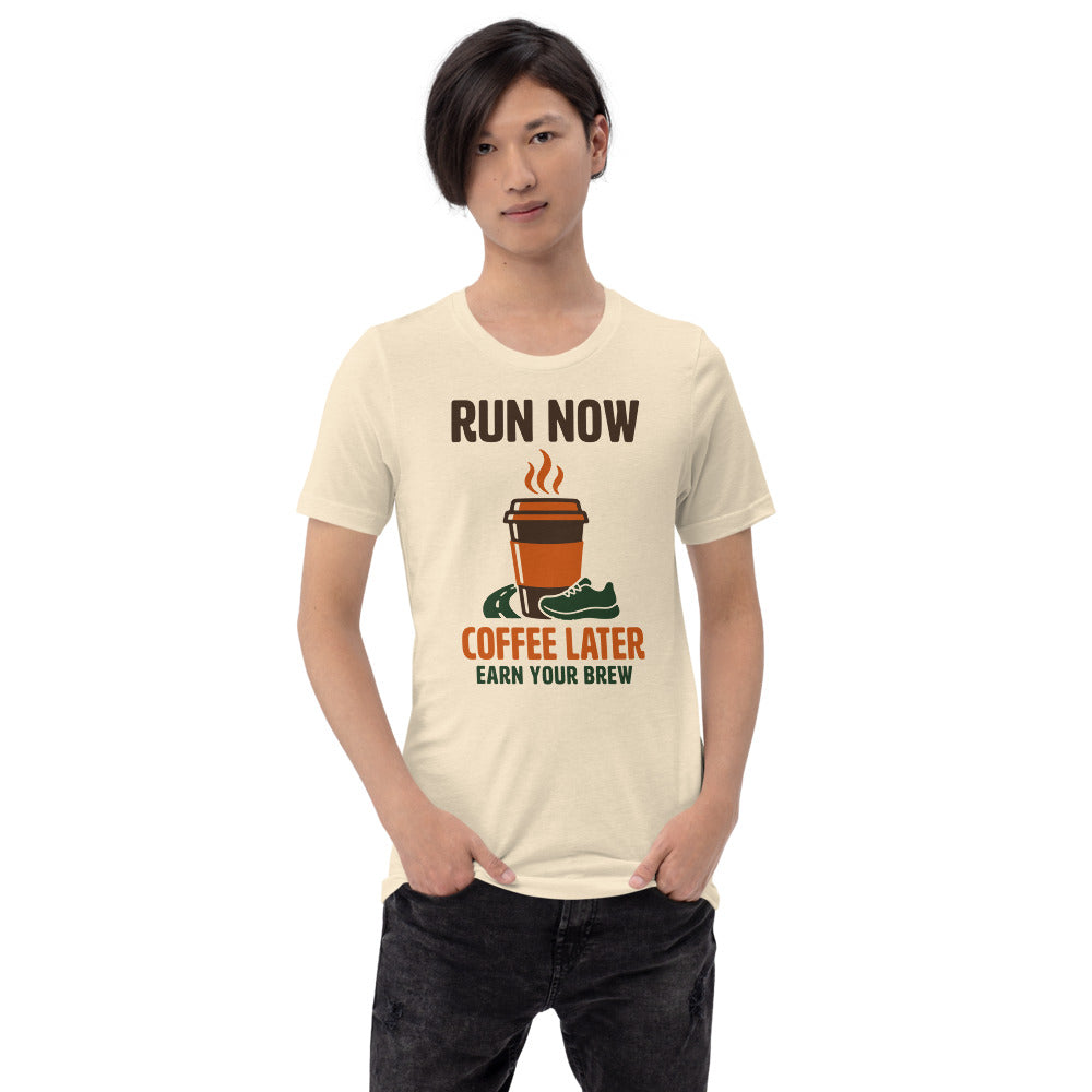 Run Now Coffee Later funny running tee — Heather Natural, on model