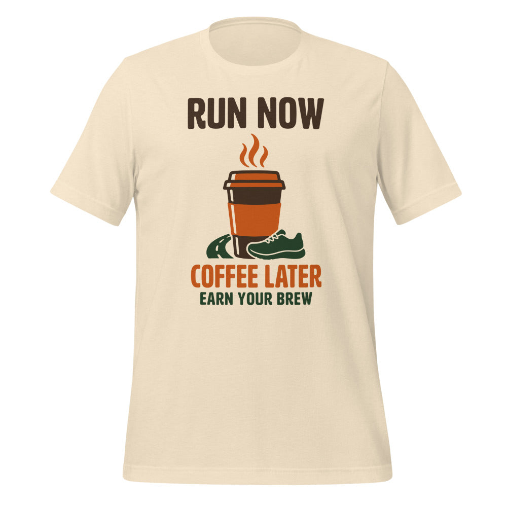Run Now Coffee Later funny running tee — Heather Natural, front
