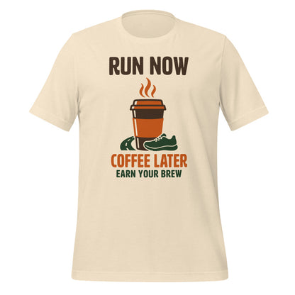 Run Now Coffee Later funny running tee — Heather Natural, front