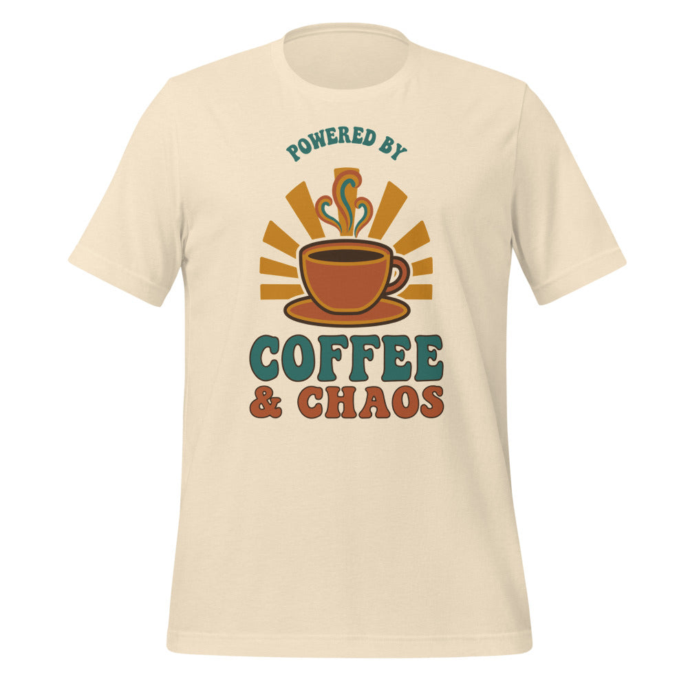 Powered By Coffee And Chaos retro groovy teacher tee — Heather Natural, front