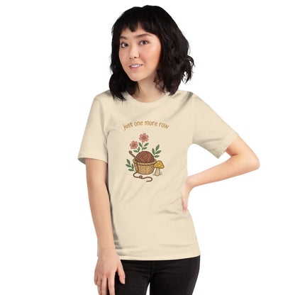 Just One More Row crochet cottagecore tee — Heather Natural, on model