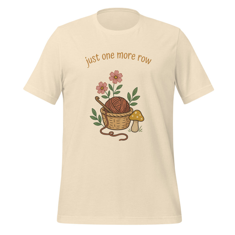 Just One More Row crochet cottagecore tee — Heather Natural, front