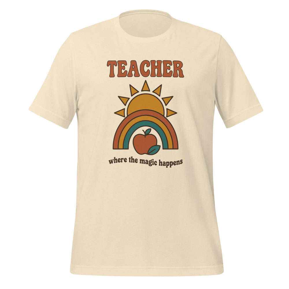 Teacher Where The Magic Happens retro groovy teacher tee — Heather Natural, front