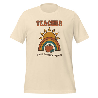 Teacher Where The Magic Happens retro groovy teacher tee — Heather Natural, front