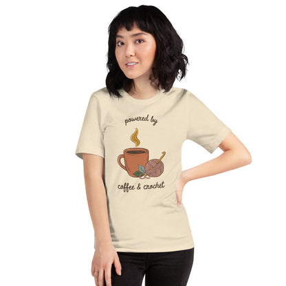 Powered by Coffee and Crochet cottagecore crochet tee — Heather Natural, on model