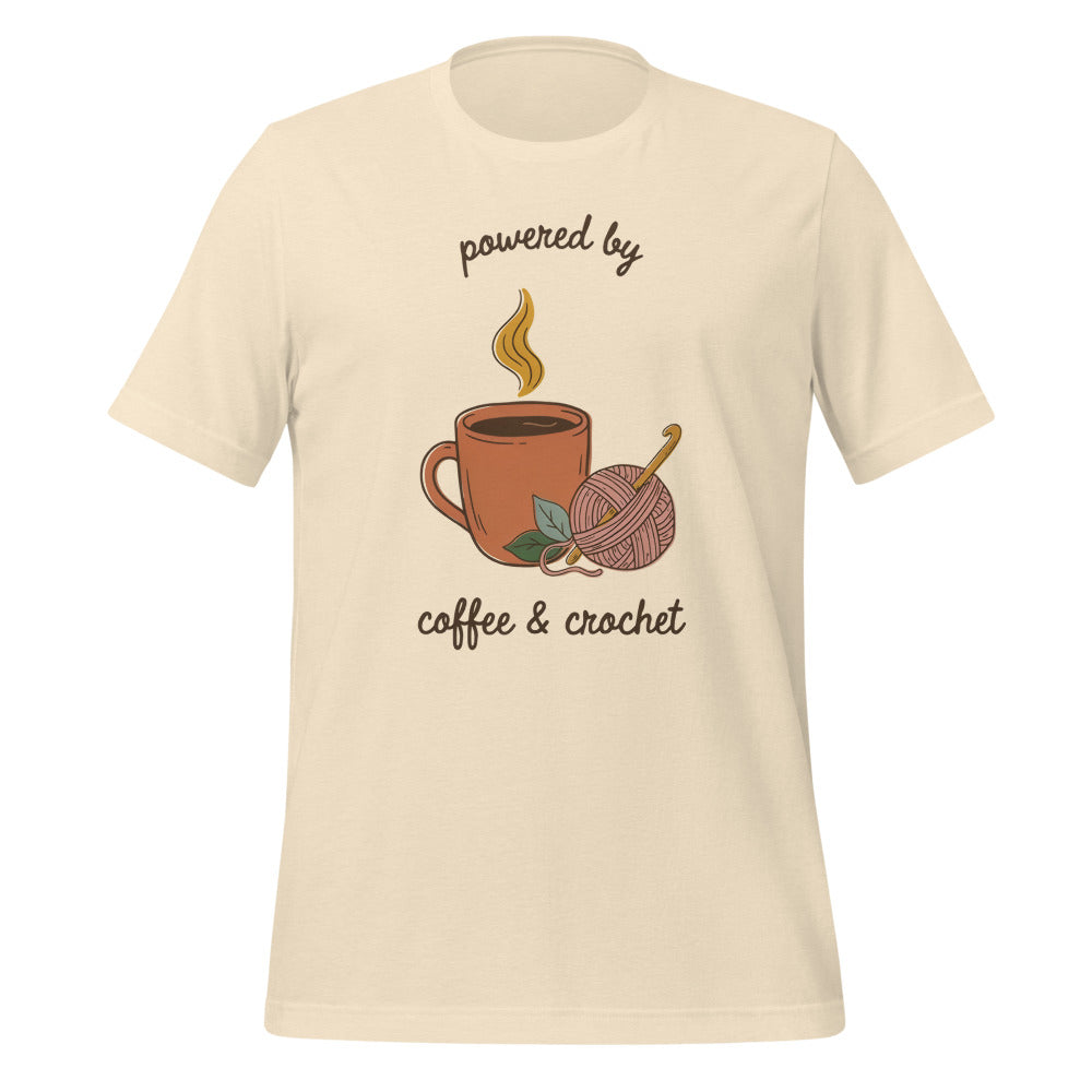 Powered by Coffee and Crochet cottagecore crochet tee — Heather Natural, front