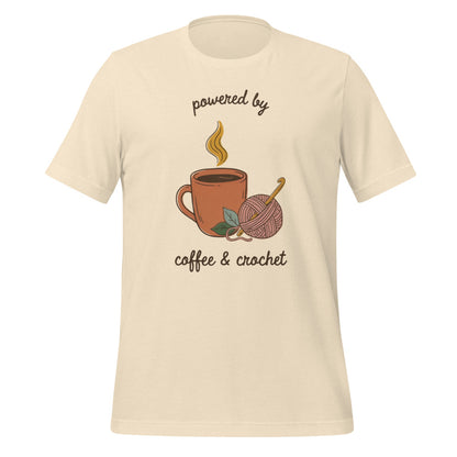Powered by Coffee and Crochet cottagecore crochet tee — Heather Natural, front