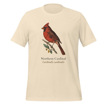 Northern Cardinal vintage field-guide tee — Heather Natural, front