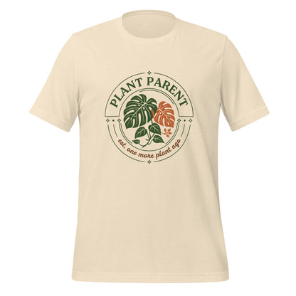 Plant Parent retro botanical badge tee — Heather Natural, front