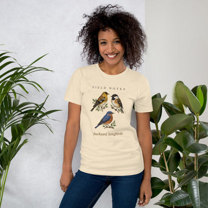 Backyard Songbirds vintage field-guide tee — Heather Natural, on model