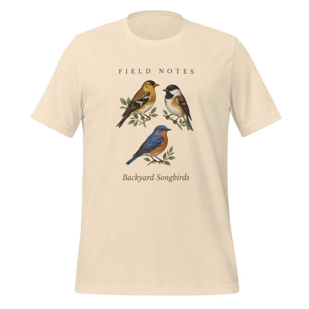 Backyard Songbirds vintage field-guide tee — Heather Natural, front