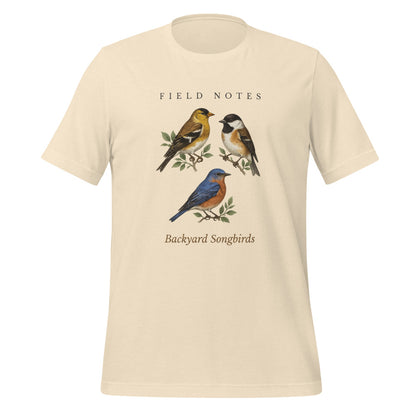 Backyard Songbirds vintage field-guide tee — Heather Natural, front