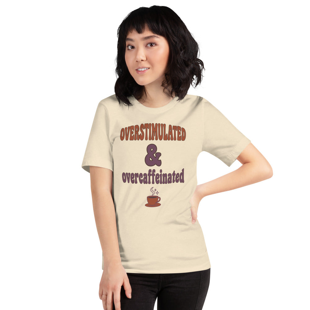 Overstimulated & Overcaffeinated soft retro coffee mental health tee — Heather Natural, on model