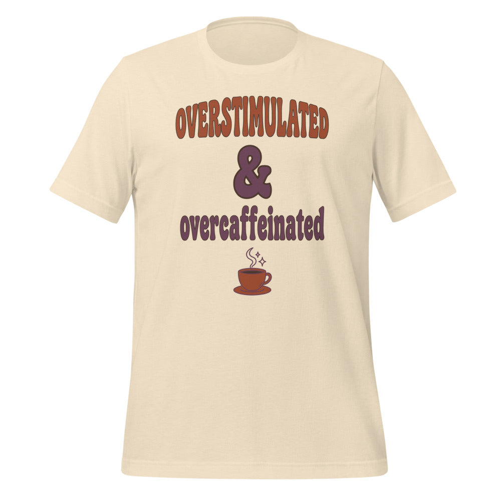 Overstimulated & Overcaffeinated soft retro coffee mental health tee — Heather Natural, front