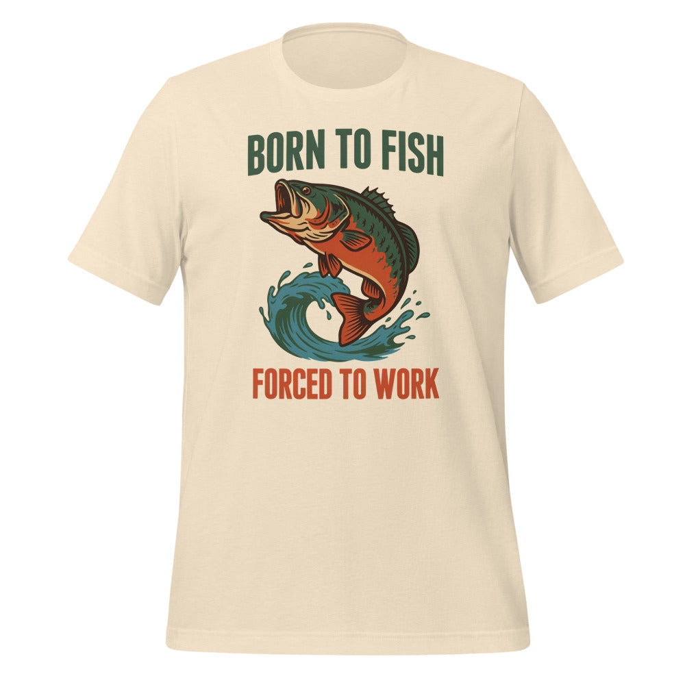 Born to Fish Forced to Work retro fishing humor tee — Heather Natural, front