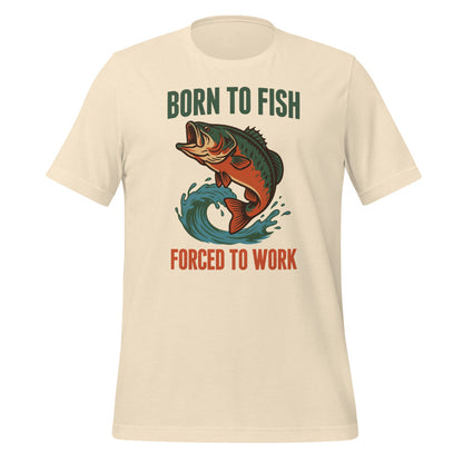Born to Fish Forced to Work retro fishing humor tee — Heather Natural, front