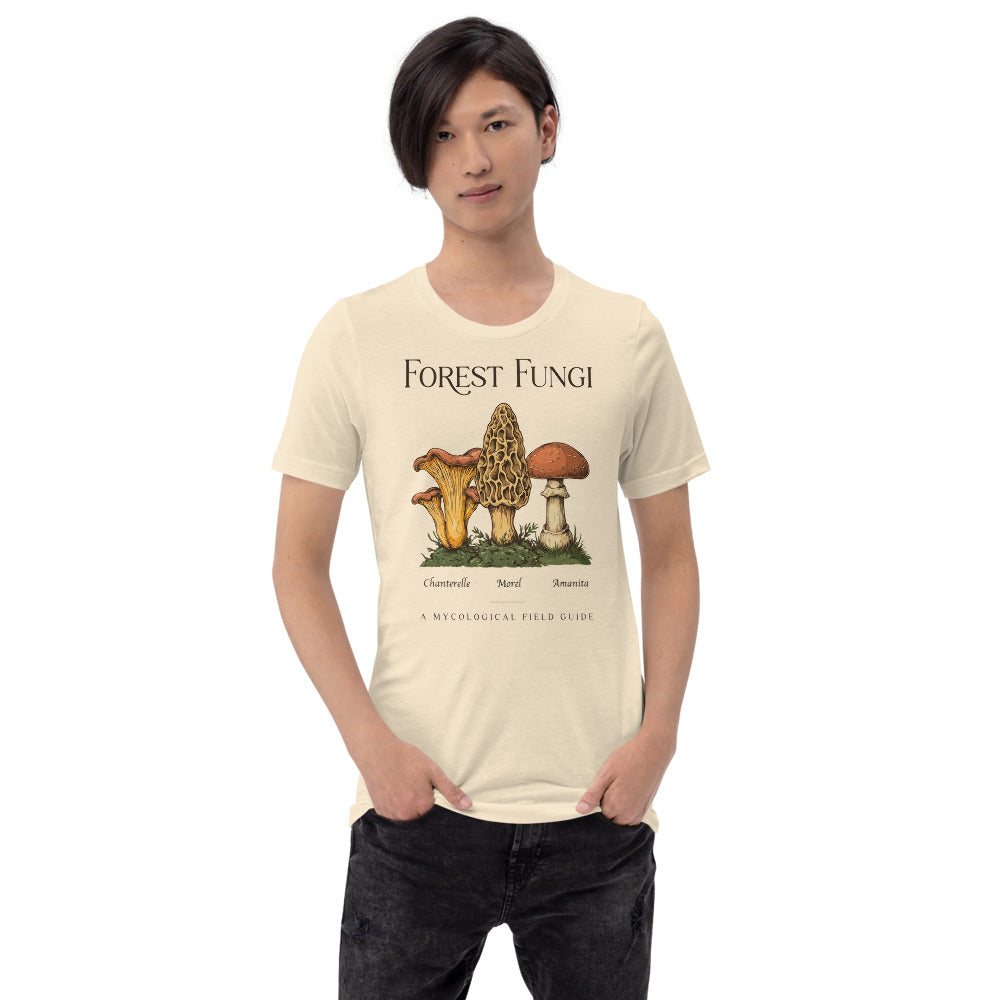 Forest Fungi vintage mushroom field guide tee — Heather Natural, on model