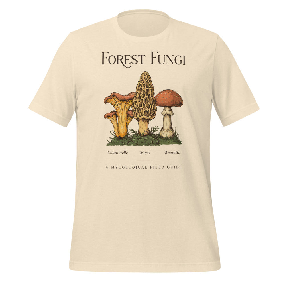 Forest Fungi vintage mushroom field guide tee — Heather Natural, front