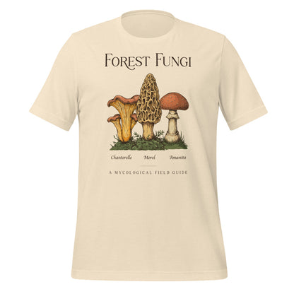 Forest Fungi vintage mushroom field guide tee — Heather Natural, front