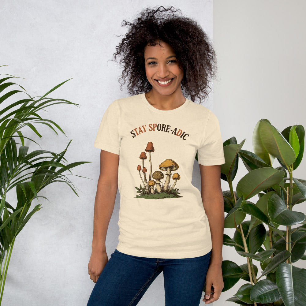 Stay Spore-adic funny vintage mushroom tee — Heather Natural, on model