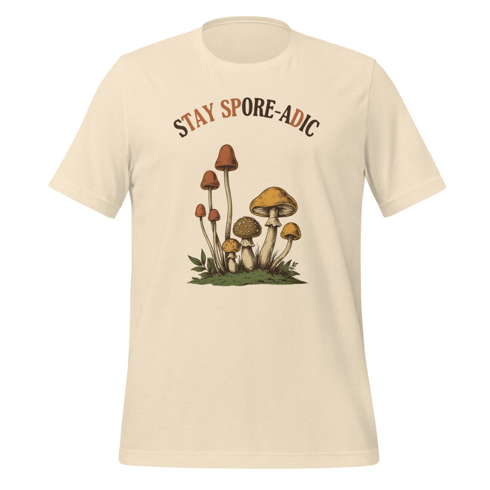 Stay Spore-adic funny vintage mushroom tee — Heather Natural, front