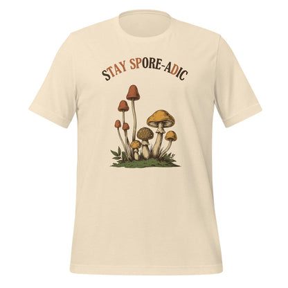 Stay Spore-adic funny vintage mushroom tee — Heather Natural, front