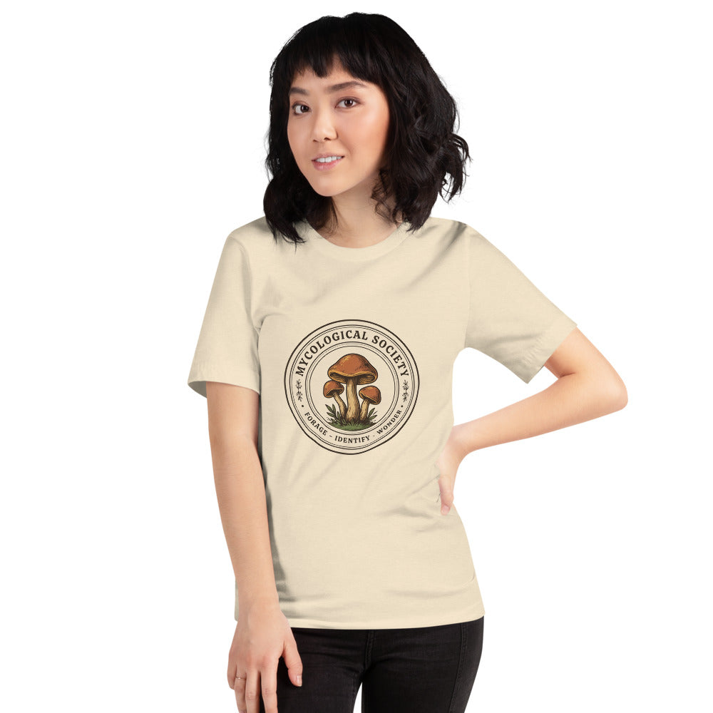 Mushroom Foraging Mycological Society vintage botanical tee — Heather Natural, on model