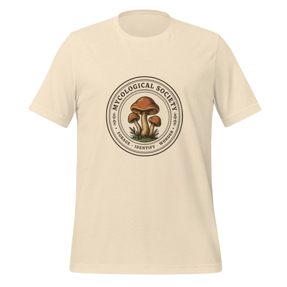 Mushroom Foraging Mycological Society vintage botanical tee — Heather Natural, front