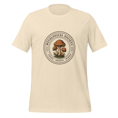 Mushroom Foraging Mycological Society vintage botanical tee — Heather Natural, front