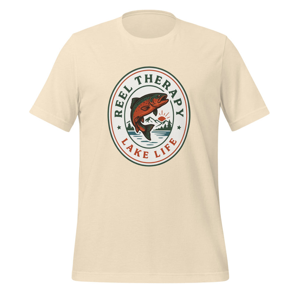Reel Therapy retro national-park trout badge fishing tee — Heather Natural, front