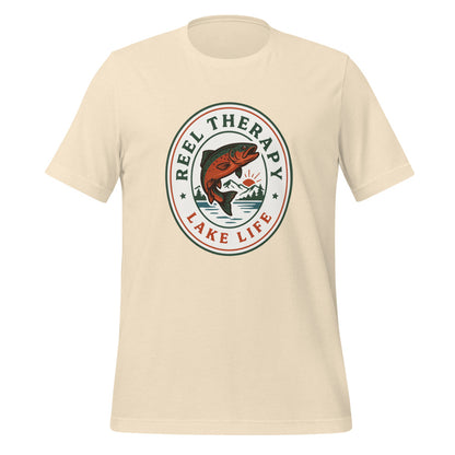 Reel Therapy retro national-park trout badge fishing tee — Heather Natural, front