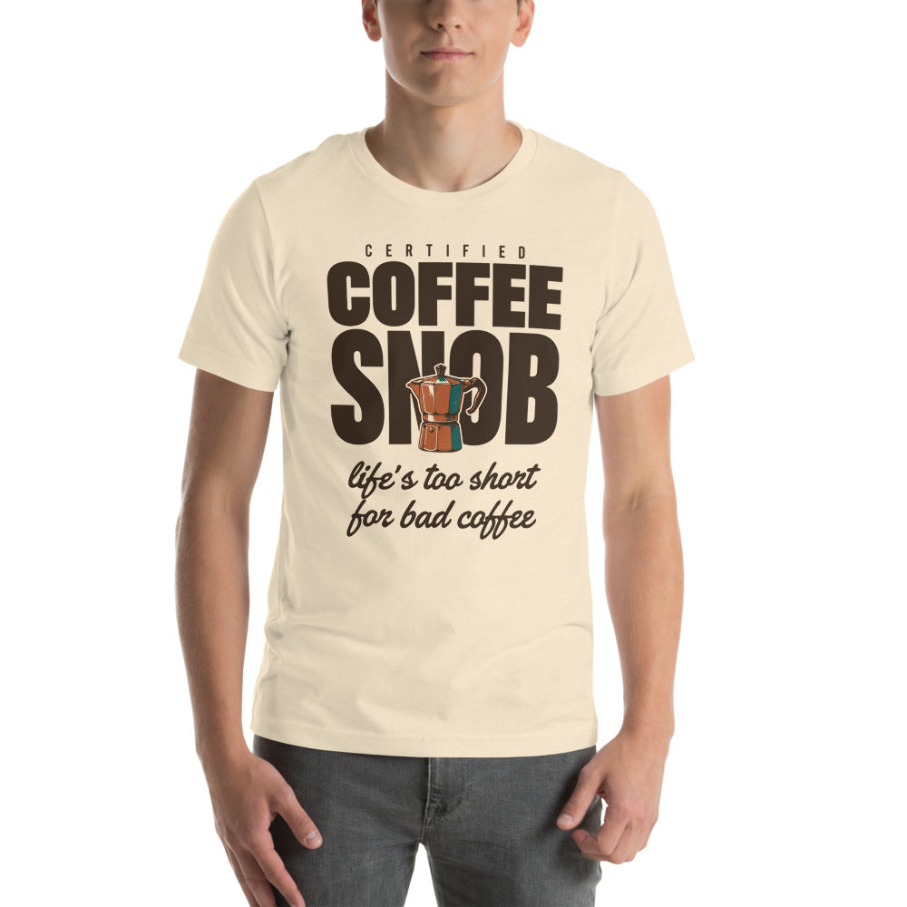 Certified Coffee Snob coffee tee — Heather Natural, on model