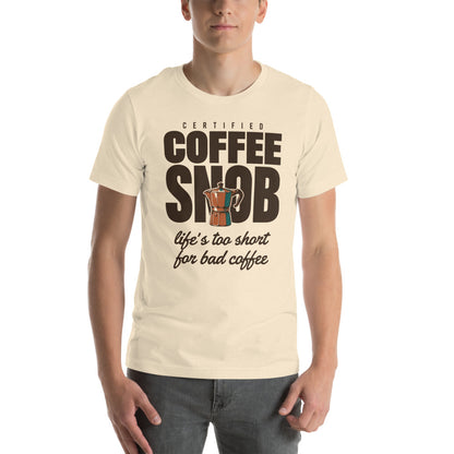 Certified Coffee Snob coffee tee — Heather Natural, on model