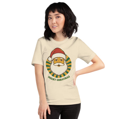 Groovy Santa retro Christmas tee — Heather Natural, on model