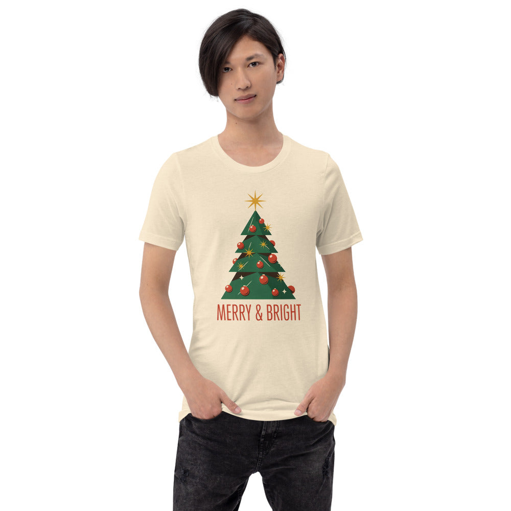 Atomic mid-century retro Christmas tree tee — Heather Natural, on model