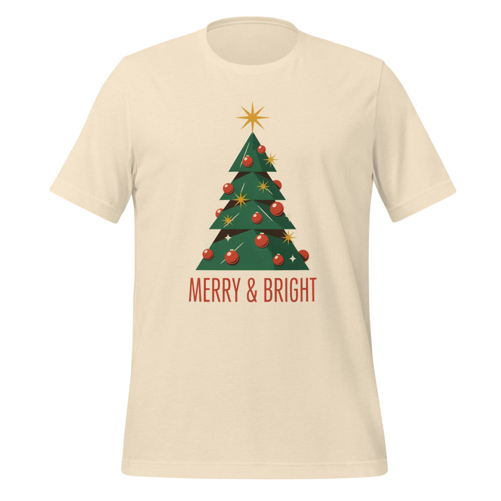 Atomic mid-century retro Christmas tree tee — Heather Natural, front