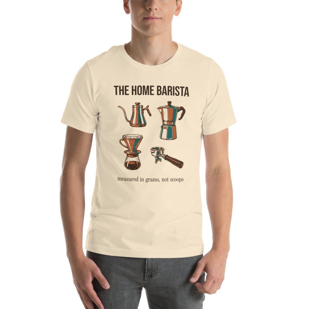 The Home Barista specialty coffee tee — Heather Natural, on model