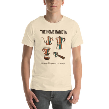 The Home Barista specialty coffee tee — Heather Natural, on model
