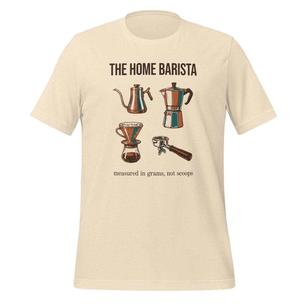 The Home Barista specialty coffee tee — Heather Natural, front