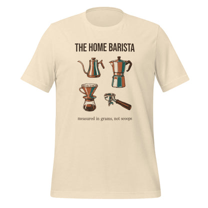 The Home Barista specialty coffee tee — Heather Natural, front