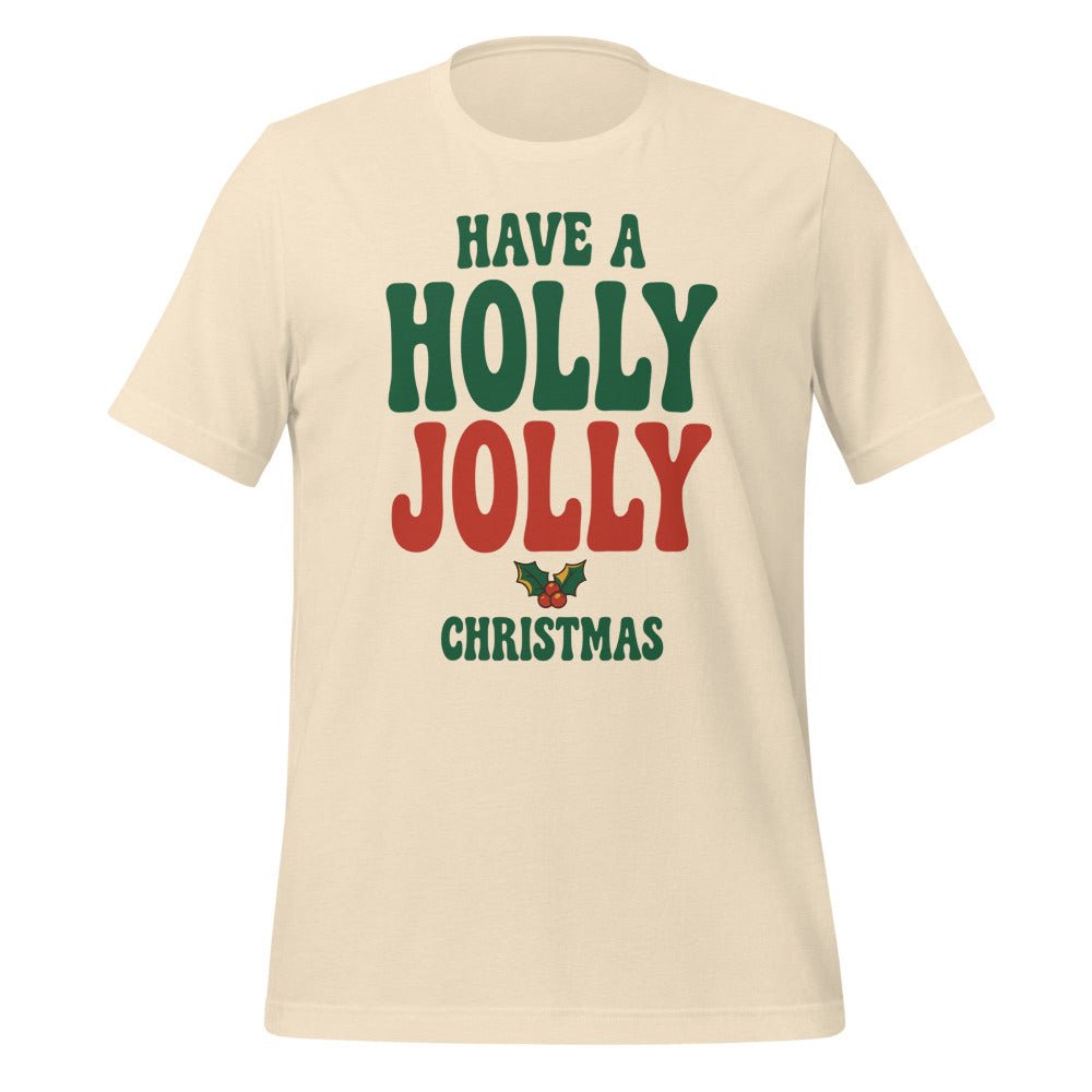 Groovy Holly Jolly retro Christmas tee — Heather Natural, front