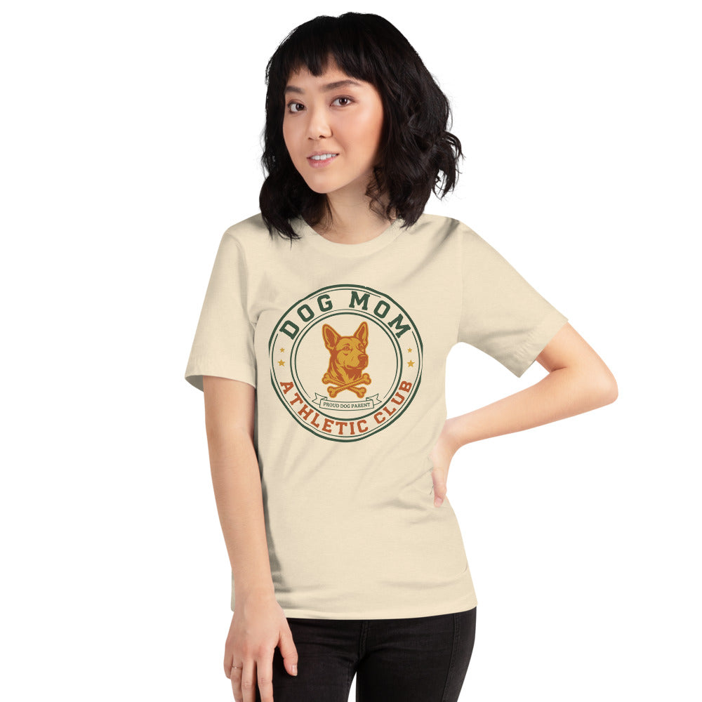 Dog Mom Athletic Club vintage varsity crest tee — Heather Natural, on model