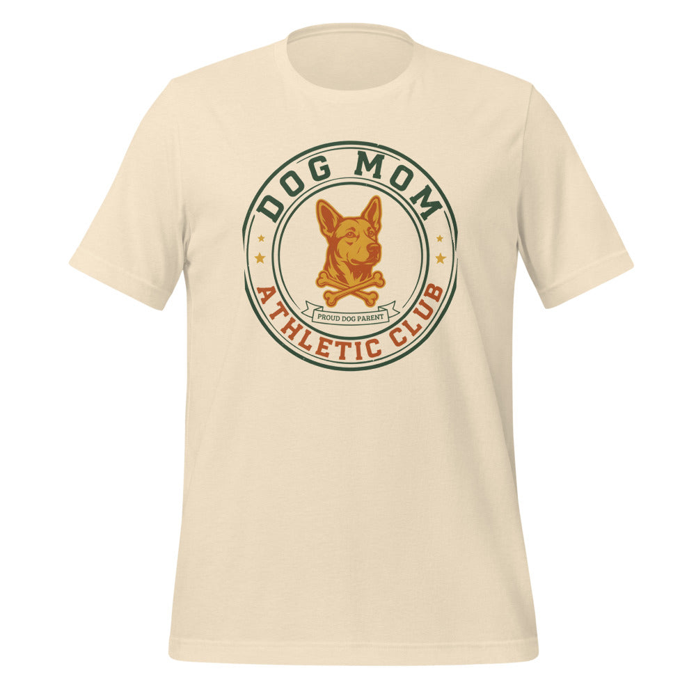 Dog Mom Athletic Club vintage varsity crest tee — Heather Natural, front
