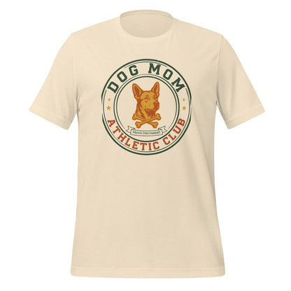 Dog Mom Athletic Club vintage varsity crest tee — Heather Natural, front