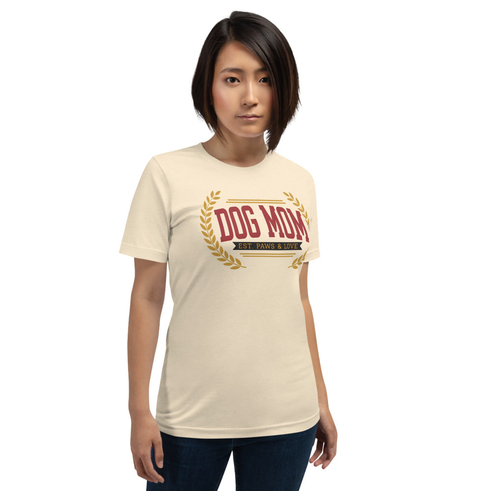 Dog Mom vintage varsity wordmark tee — Heather Natural, on model