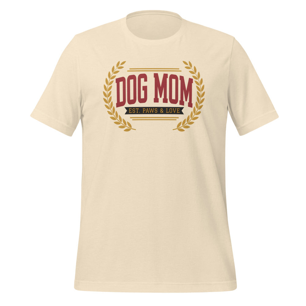 Dog Mom vintage varsity wordmark tee — Heather Natural, front