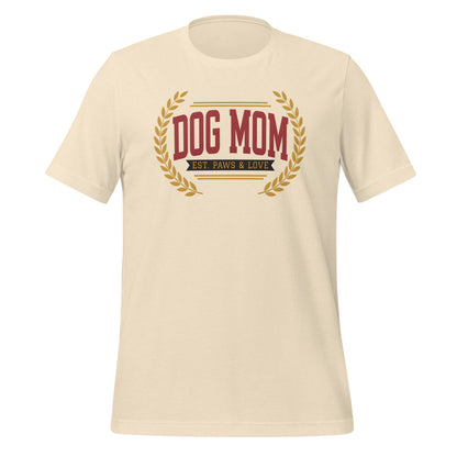 Dog Mom vintage varsity wordmark tee — Heather Natural, front