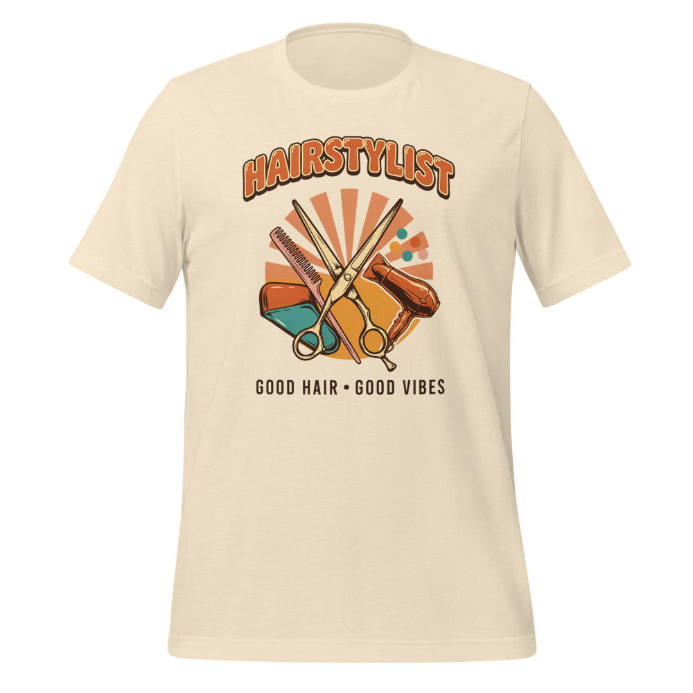 Retro Salon Hairstylist good hair good vibes tee — Heather Natural, front