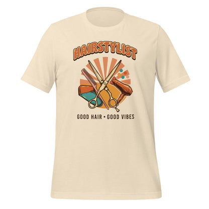 Retro Salon Hairstylist good hair good vibes tee — Heather Natural, front